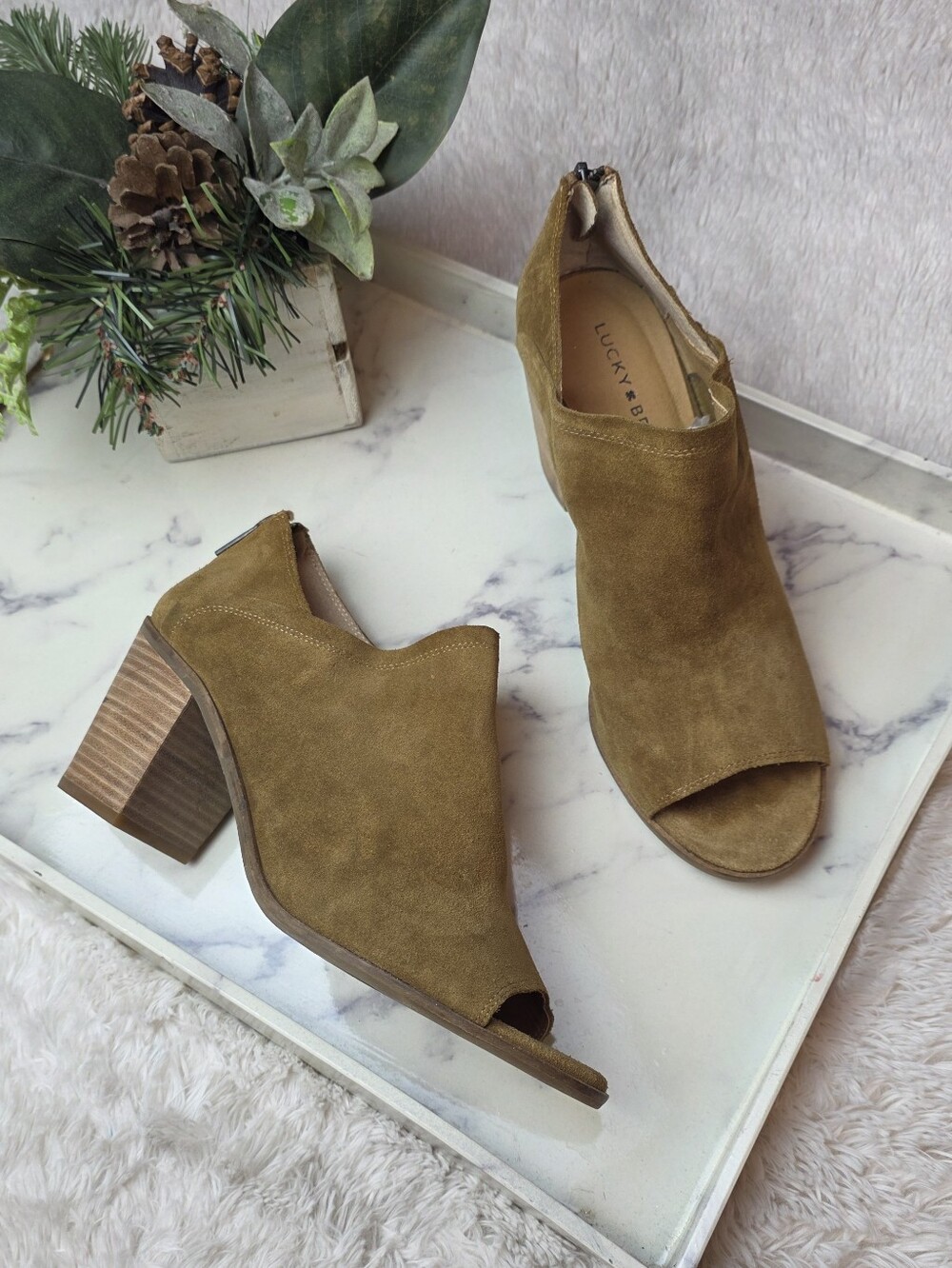 LUCKY BRAND Kalli Brown Suede Leather Open Toe Ankle Boot Western Festival Sz 10
